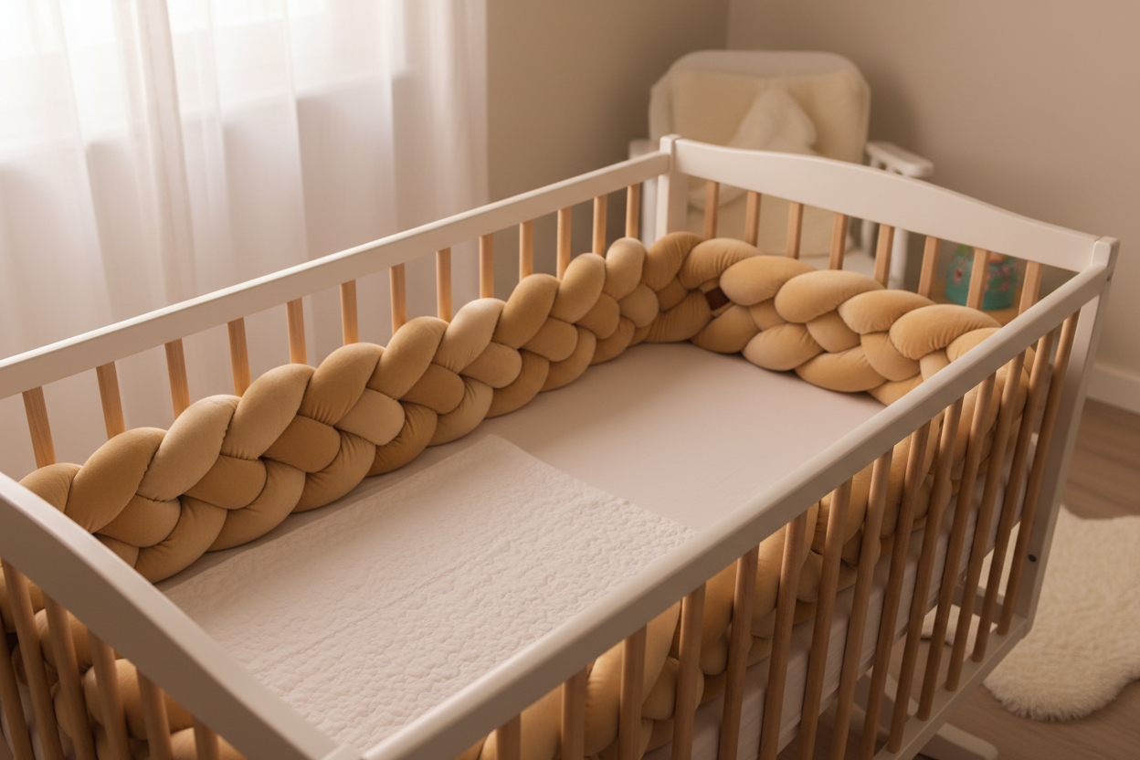 Wooden crib with braided yellow bumper in a nursery setting