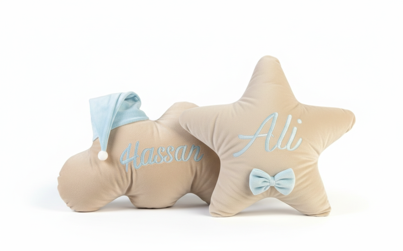 Star-shaped pillow with personalized names on a white background