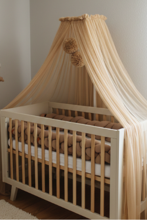 Wooden crib with beige canopy and pom-poms in a nursery setting